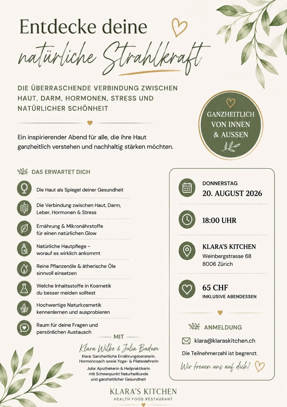 Flyer zum Workshop „Entdecke deine natürliche Strahlkraft“ am 20. August 2026
